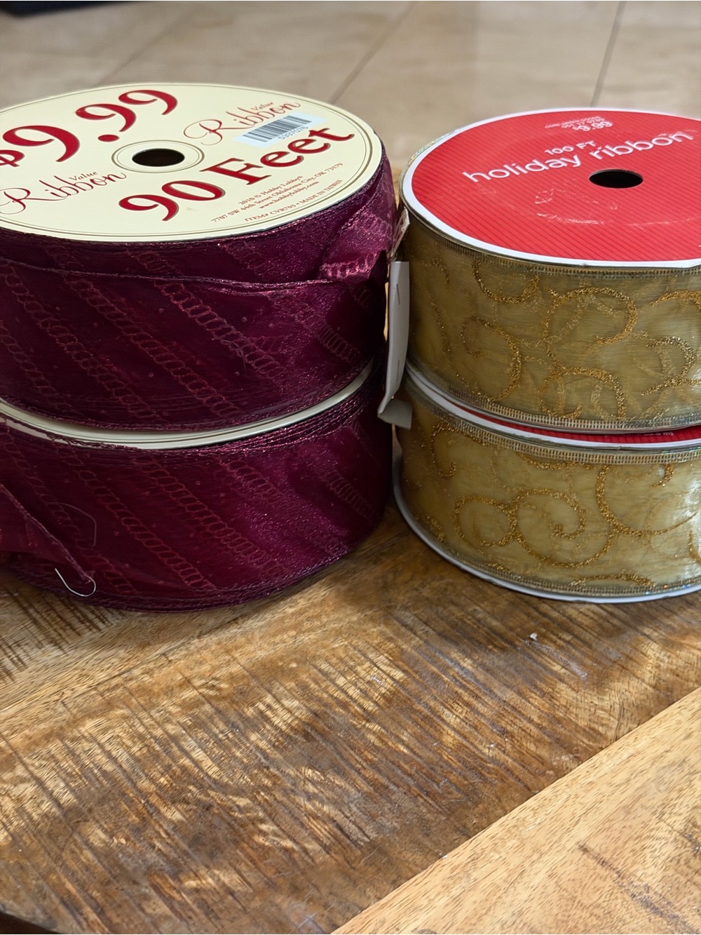 4 Roll Holiday Wired Ribbon Lot Gold Burgundy Glitter Christmas 380 Yards 2.5”